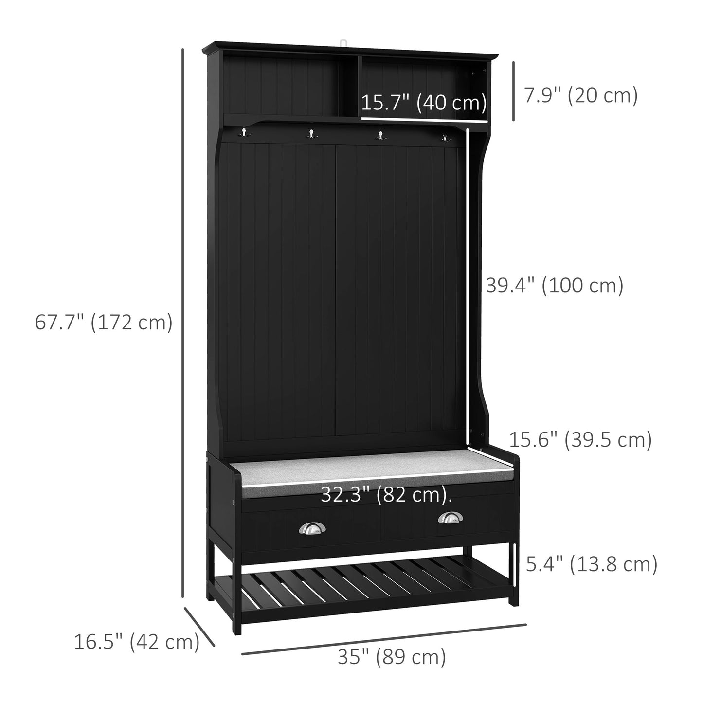 Hallway bench with 4 hooks, 2 drawers, 2 shelves, black