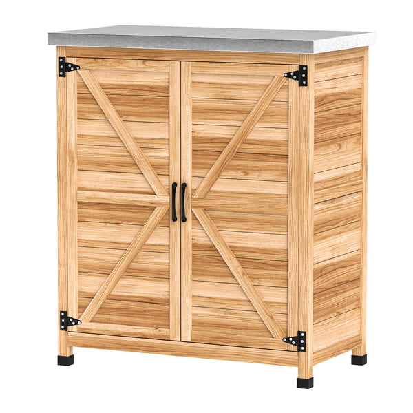 Garden storage unit with metal top, natural color