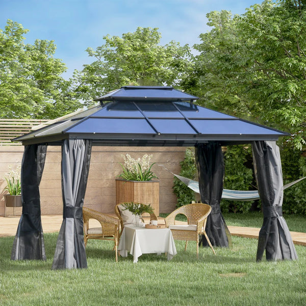Gazebo 10 x 12 avec toit rigide en aluminium, double pente, rideaux et parois latérales en filet, noir et gris