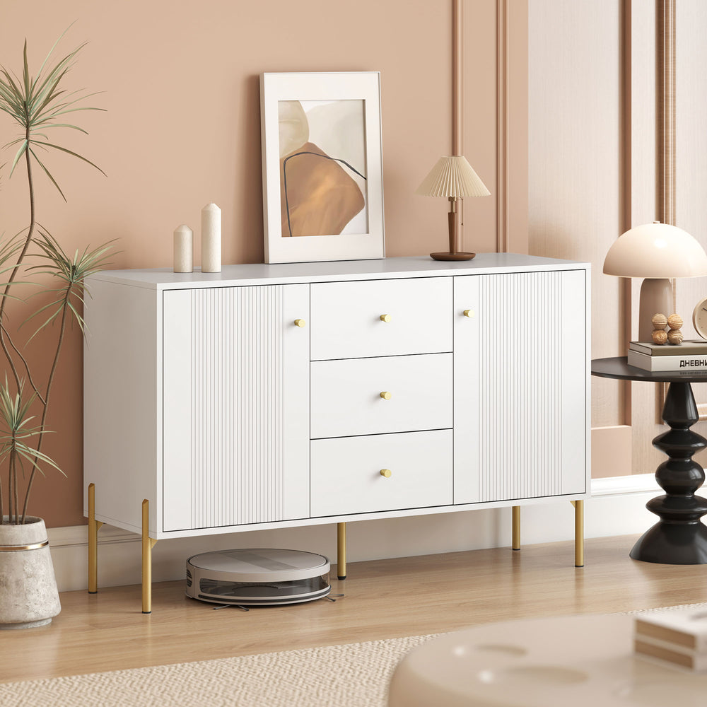 Buffet de rangement moderne avec 3 tiroirs à fermeture douce et 2 étagères réglables, blanc