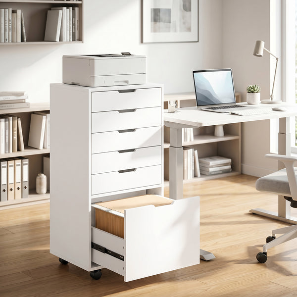 Mobile Printer Stand with 6 Drawers on Wheels for Home Office, White