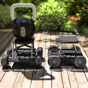 Tabouret de jardin roulant avec plateau porte-outils intégré