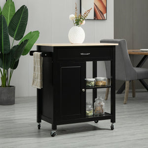 Rolling kitchen trolley with wooden top and drawer, black