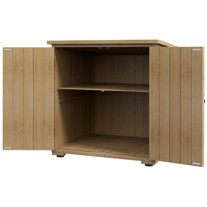 Natural wood garden shed with shelf and double door