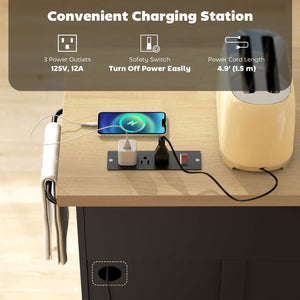 Farmhouse style kitchen island with electrical outlet, soft-close doors, and 3 drawers, black