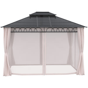 Gazebo 10' x 12' avec toit rigide double PC, structure en acier, filets et rideaux, kaki