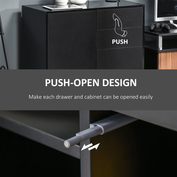 Glossy lacquered sideboard with 2 drawers, 2 doors and an adjustable shelf, push-to-open, black