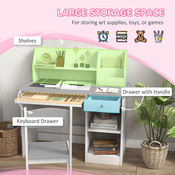 Desk and chair set for children aged 4 to 8 years with storage, gray