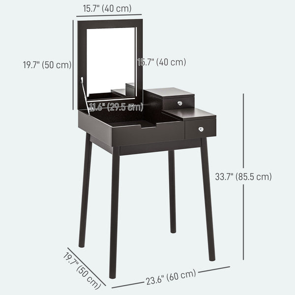 Coiffeuse avec miroir rabattable à 2 tiroirs, noire