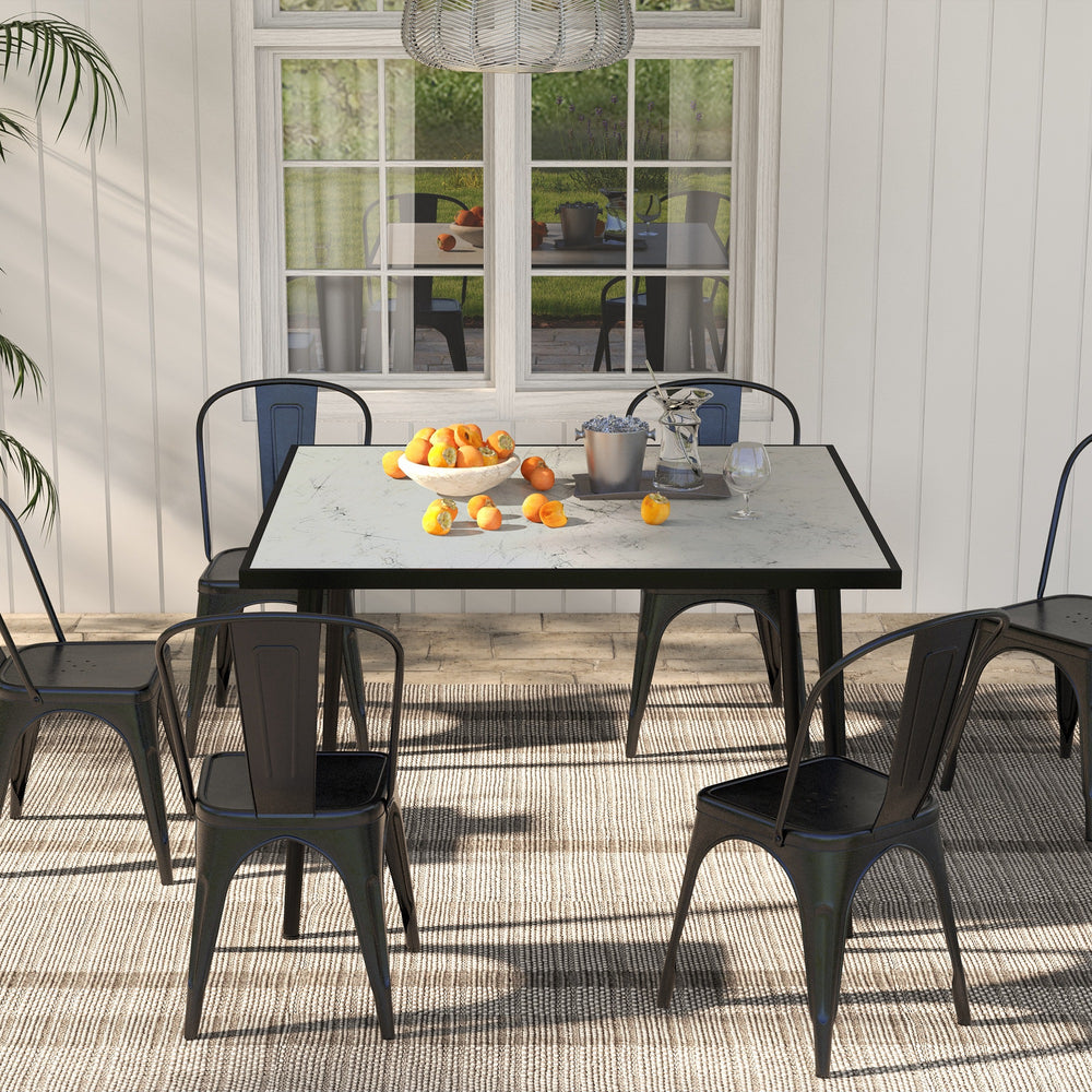 Table de salle à manger d'extérieur avec plateau en verre trempé effet marbre, blanche