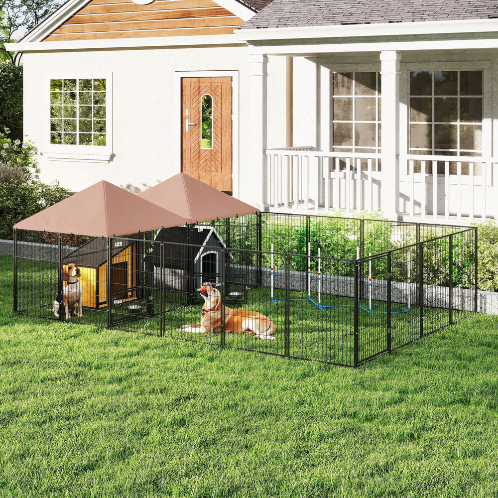 PawHut Large Outdoor Dog Kennel with 2 Rooms, Rotating &amp; Adjustable Height Bowls, 13.5' x 9.4' x 5.1'