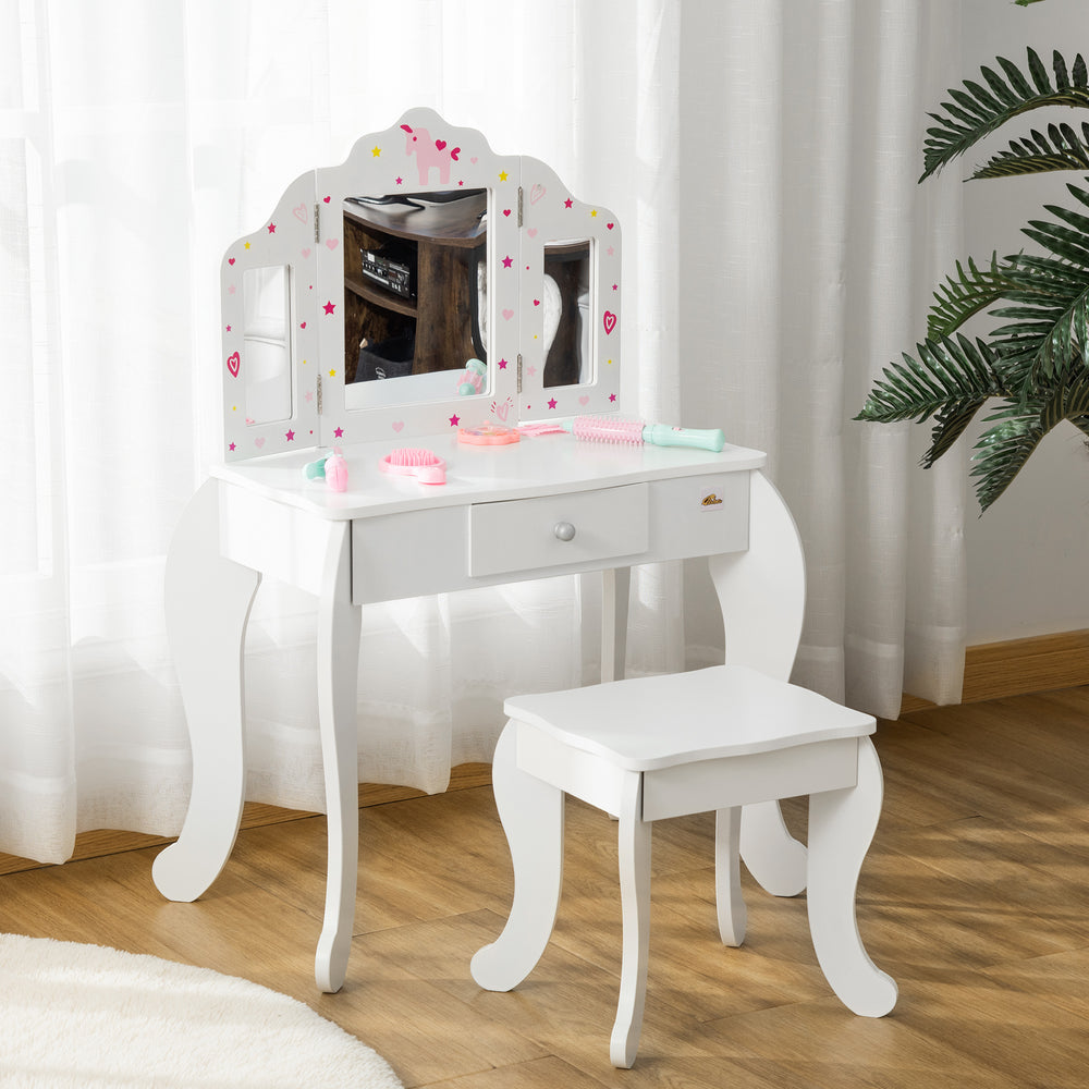 Ensemble coiffeuse avec miroirs pliables, tiroir à motifs étoiles et cœurs, blanc