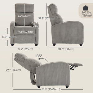 Fauteuil inclinable en velours côtelé avec assise rembourrée, idéal pour le salon, gris