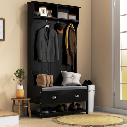 Hallway bench with 4 hooks, 2 drawers, 2 shelves, black