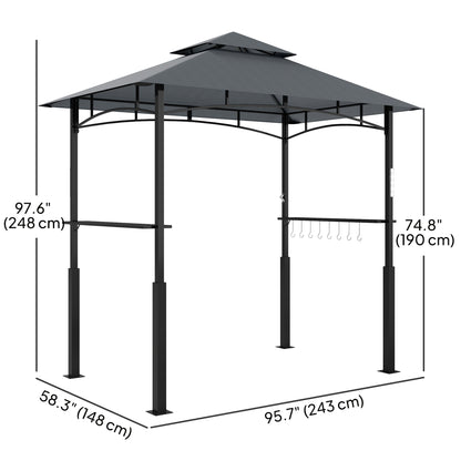 Outsunny 8' x 5' Grill Gazebo, Double Tiered BBQ Gazebo with LED Light, 2 Side Shelves, Hooks and Bottle Opener, Dark Gray |