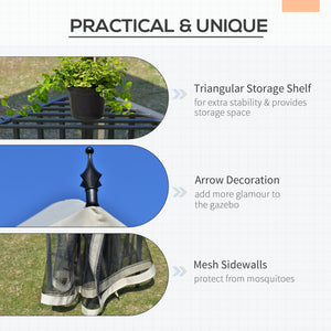 Gazebo 10 x 12 avec toit à double pente, parois latérales amovibles en filet et étagères triangulaires, beige