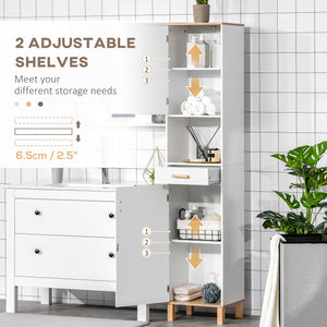 White bathroom storage cabinet with cupboards and drawer
