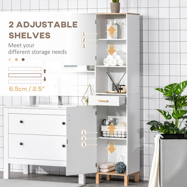 White bathroom storage cabinet with cupboards and drawer