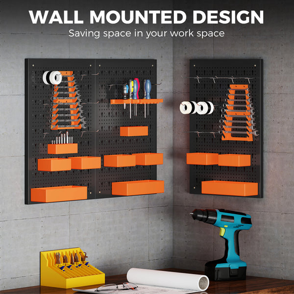 Organisateur mural d’outils avec 3 panneaux, 9 bacs, 5 supports et 16 crochets – Noir et orange