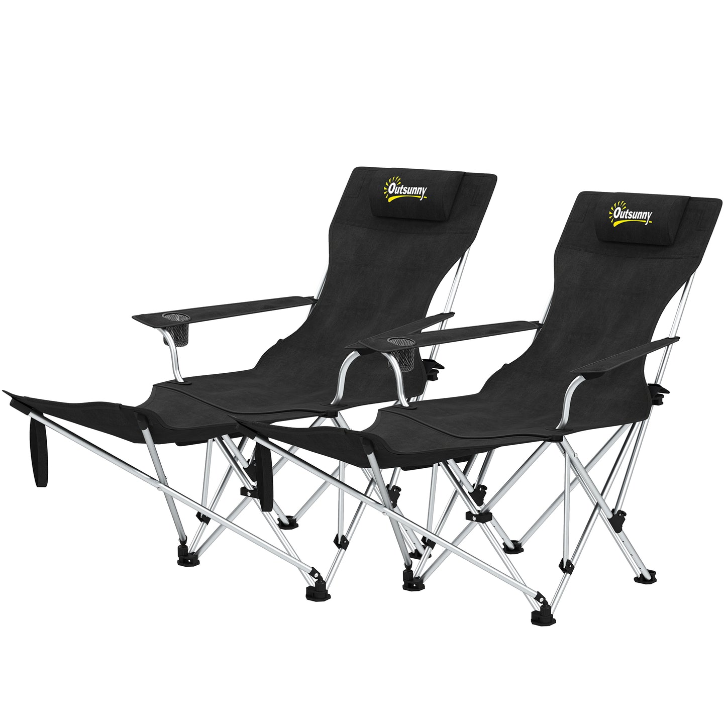 Outsunny Lot de 2 chaises de camping inclinables avec repose-pieds, chaise de camping pliante avec appui-tête, porte-gobelet, sac de rangement, noir