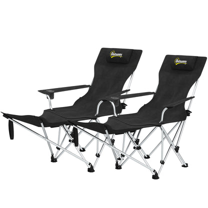 Outsunny Lot de 2 chaises de camping inclinables avec repose-pieds, chaise de camping pliante avec appui-tête, porte-gobelet, sac de rangement, noir