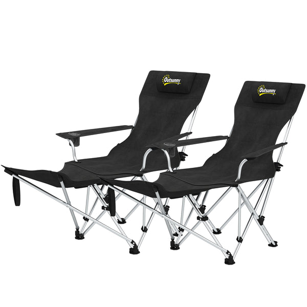 Lot de 2 chaises de camping inclinables avec repose-pieds et appui-tête, porte-gobelet, sac de rangement, noir