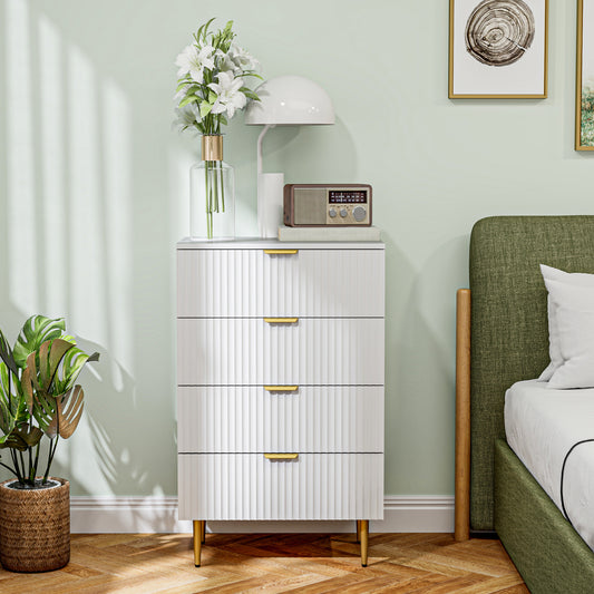 Commode moderne à 4 tiroirs avec pieds et poignées dorés, blanc