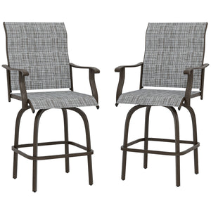 Outdoor Bar Stools Set of 2, Swivel Bar Height Chairs with High Back, Curved Armrests and Steel Frame, Mixed Grey