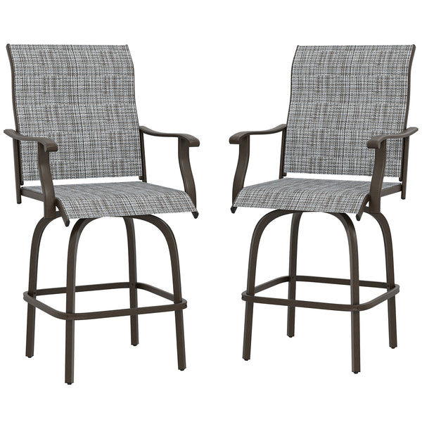 Outdoor Bar Stools Set of 2, Swivel Bar Height Chairs with High Back, Curved Armrests and Steel Frame, Mixed Grey
