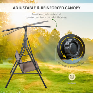 2-Person Porch Swing Chair, 2 Seater Patio Swing Bench w/ Adjustable Canopy, Breathable Seat for Garden, Poolside, Brown