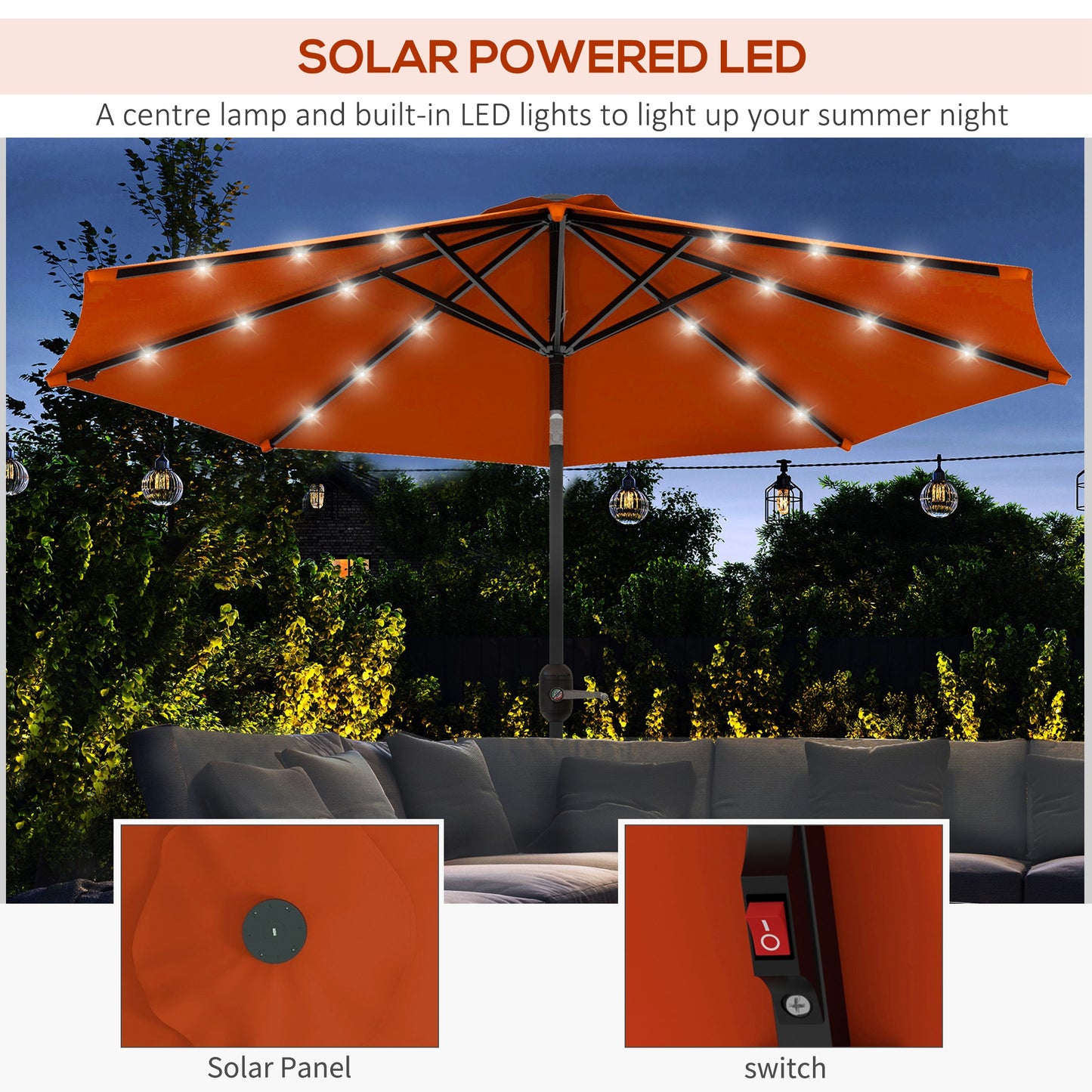 Parasol solaire d'extérieur de 2,7 m avec 24 LED et auvent inclinable, orange