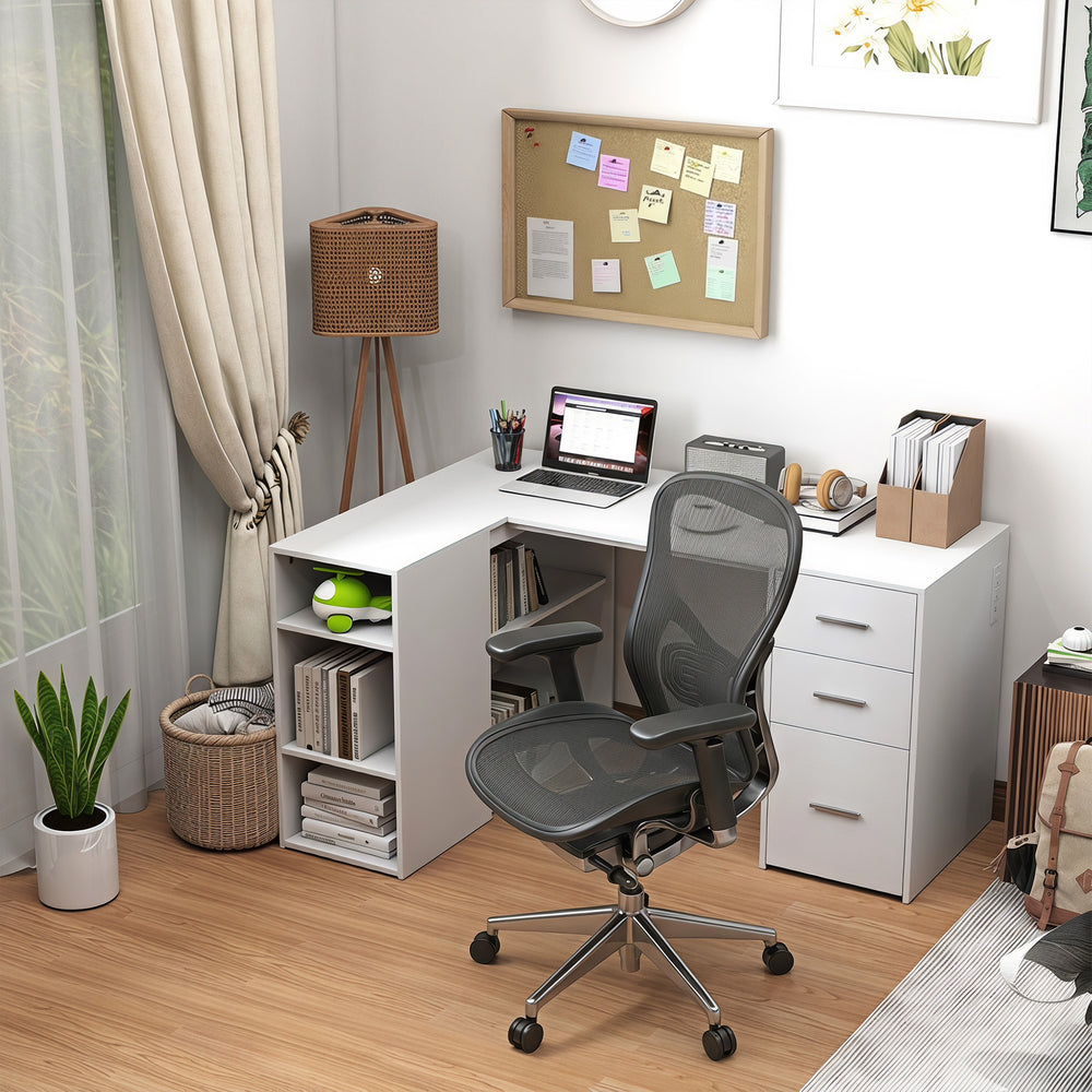 Bureau en L 55 po avec prises et tiroirs, blanc