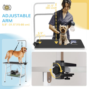 Dog Grooming Table with Adjustable Arm, Mesh Tray, and Two Leashes, Black