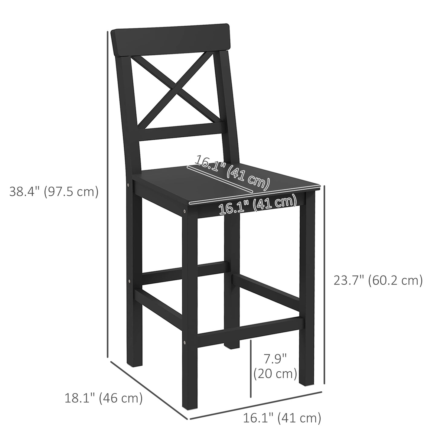 Lot de 2 tabourets de bar, style campagnard, avec dossier, en bois massif pour îlot de cuisine, Noir