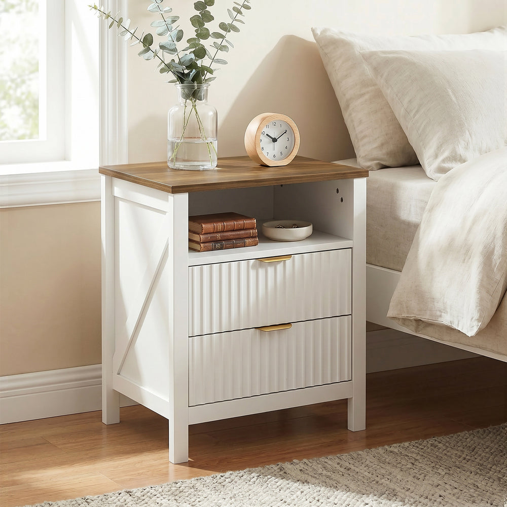 Table de chevet avec 2 tiroirs, tablette ouverte et plateau effet noyer, blanc