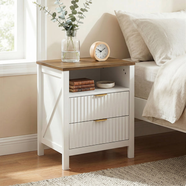 Modern Nightstand with 2 Fluted Drawers, Bedside Table with Open Storage Shelf, Anti-Tipping Design, White and Walnut