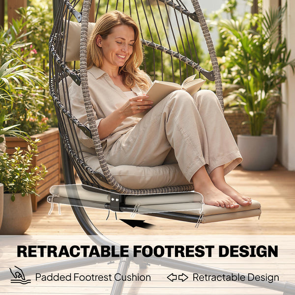 Fauteuil suspendu d'extérieur en forme d'œuf avec repose-pieds rétractable et support en métal gris clair