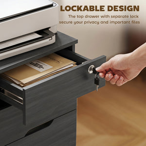 Filing Cabinet with Power Outlets Lockable Casters File Drawer Side Cubbies Black Wood Grain