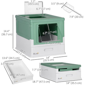 Enclosed litter box with scoop and tray, green