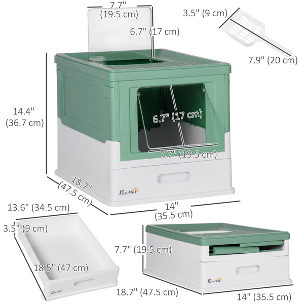 Enclosed litter box with scoop and tray, green