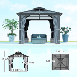 10' x 10' Hardtop Gazebo with 7mm Double Polycarbonate Roof, Outdoor Gazebo with Netting and Curtains, Dark Grey