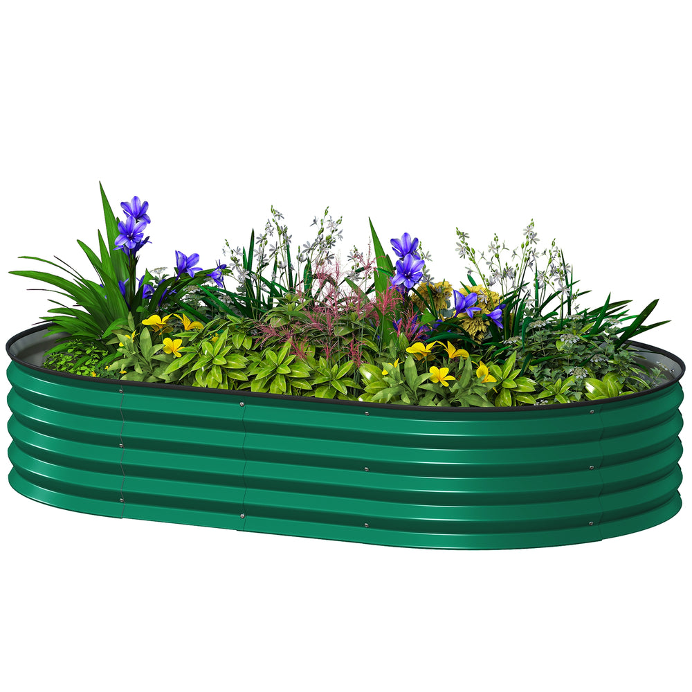 Galvanized raised outdoor planter with metal stake, green