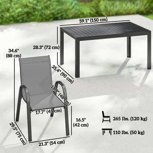 Ensemble de salle à manger 7 pièces pour 6 personnes, chaises empilables, gris clair
