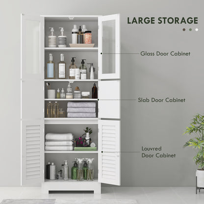 Freestanding bathroom cabinet with glass and louvered doors