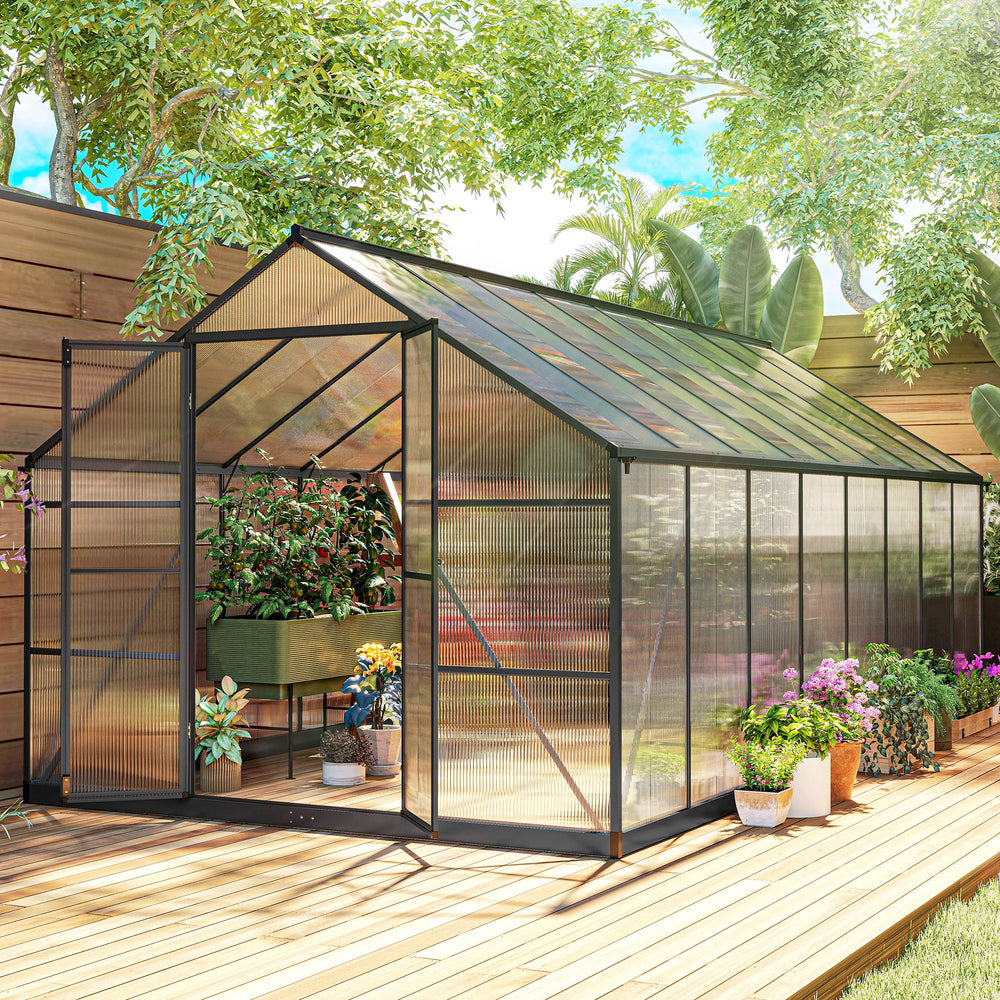 Ground-floor greenhouse with two skylights, gutter and hinged door, dark grey