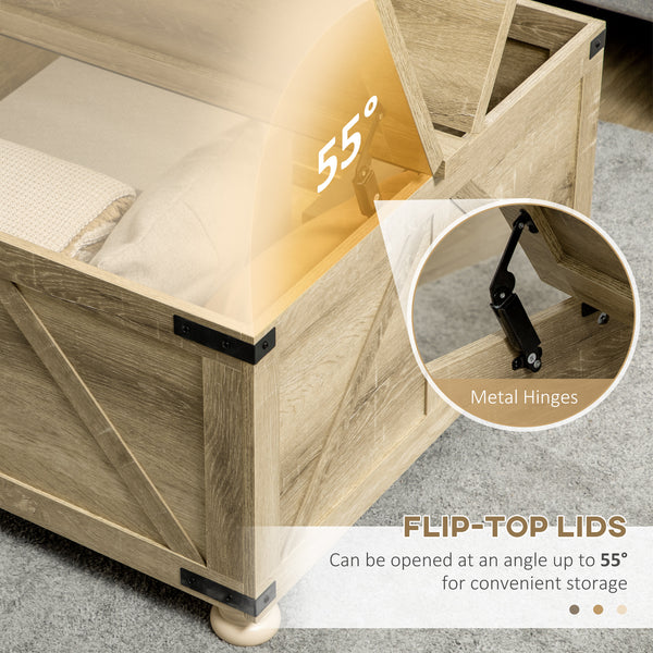 Table basse de style farmhouse carrée avec couvercles rabattables, chêne