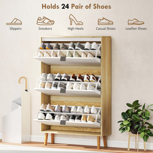 Meuble à chaussures étroit, finition brillante, avec 3 tiroirs rabattables et étagères réglables, pour 24 paires, blanc