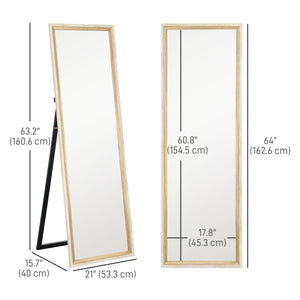 Miroir sur pied pleine longueur sur pied ou à poser avec cadre pour chambre, grain de bois foncé