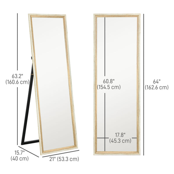 Miroir sur pied pleine longueur sur pied ou à poser avec cadre pour chambre, grain de bois foncé