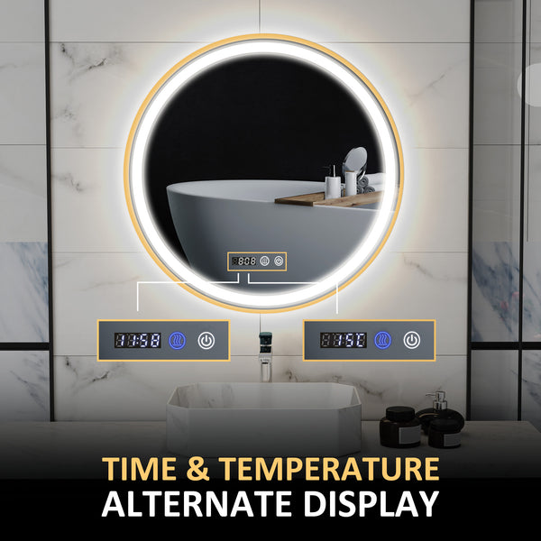Round bathroom mirror with LED lighting with anti-fog coating, gold